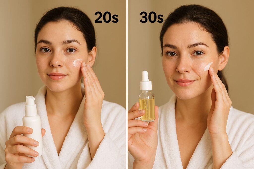Side-by-side comparison of skincare routines in 20s vs 30s.