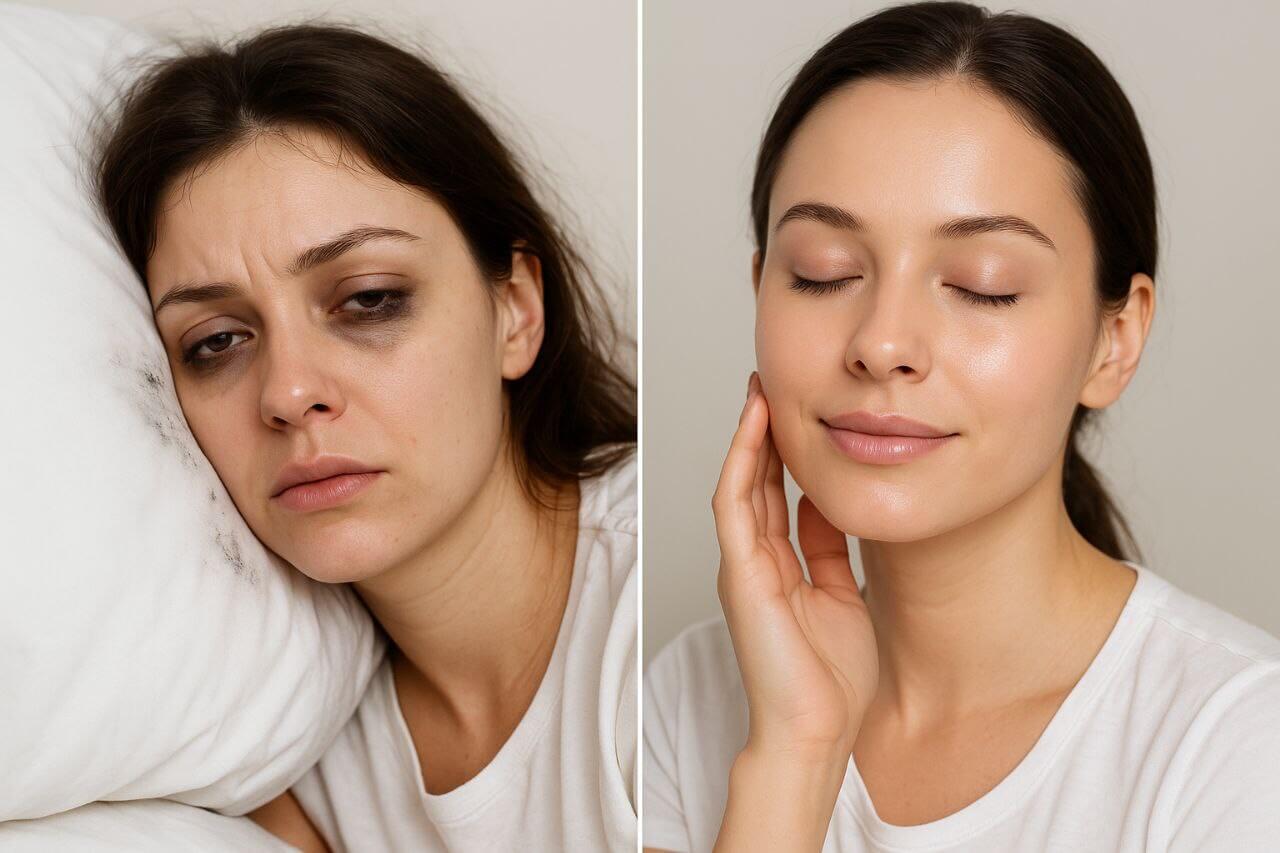 Comparison of woman sleeping in makeup vs waking up with clean glowing skin.