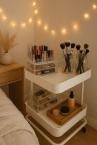 "Pinterest-worthy small space makeup storage ideas with organizers and rolling carts."