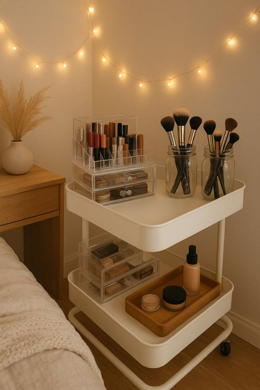 "Pinterest-worthy small space makeup storage ideas with organizers and rolling carts."