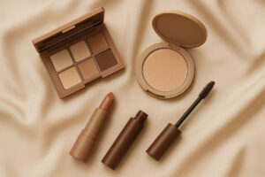 Soft glam flatlay with brown mascara and neutral makeup