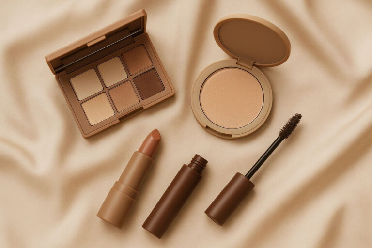 Soft glam flatlay with brown mascara and neutral makeup