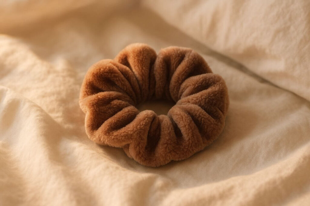"Soft velvet scrunchie on a bed with white sheets"