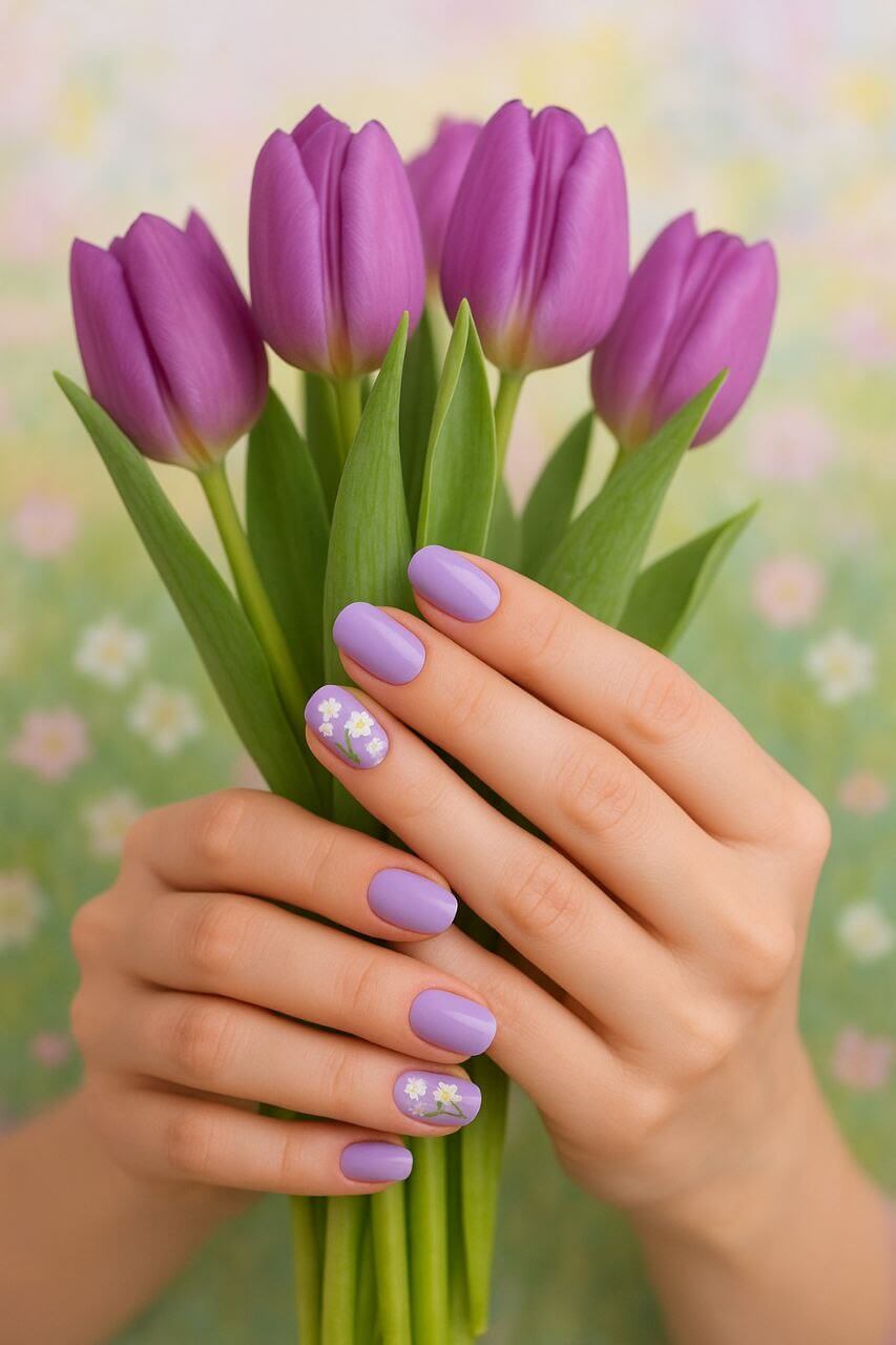 Pastel Nail Ideas
Lavender pastel nails with floral art for spring."