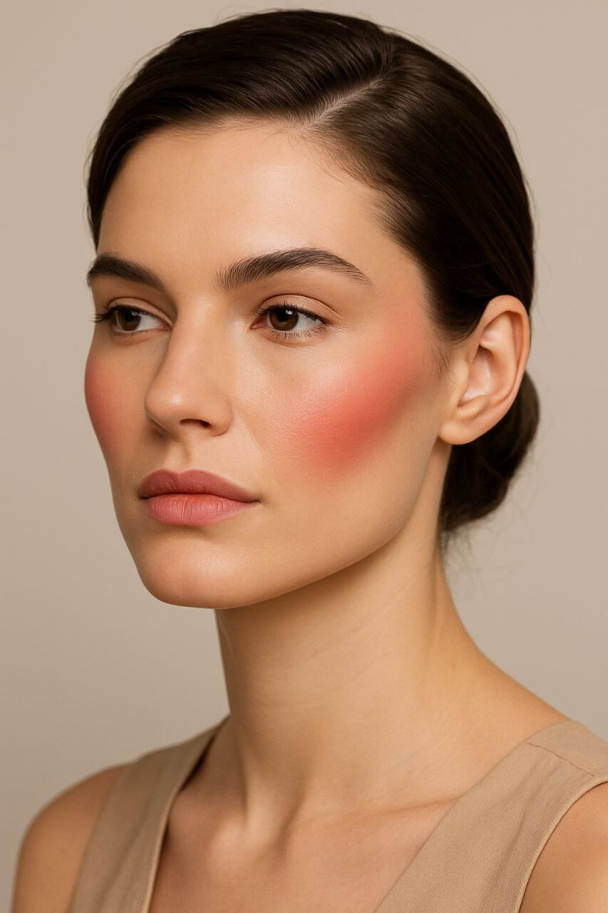 Square face blush technique: C-shape for softness."