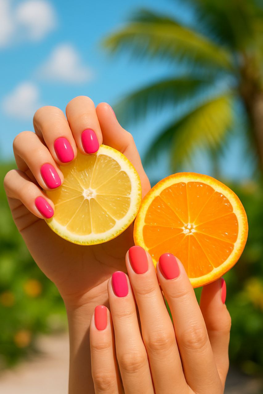 Glossy pink and coral nails holding fresh lemon and orange, summer nail art