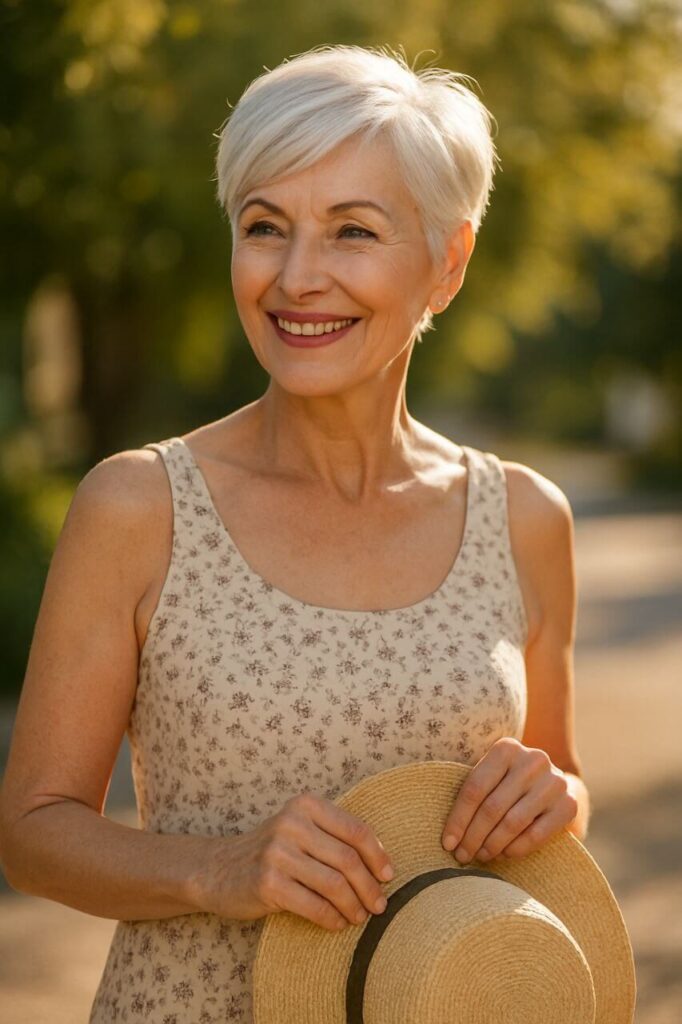 Elegant short pixie hairstyle for women over 65 in summer."*