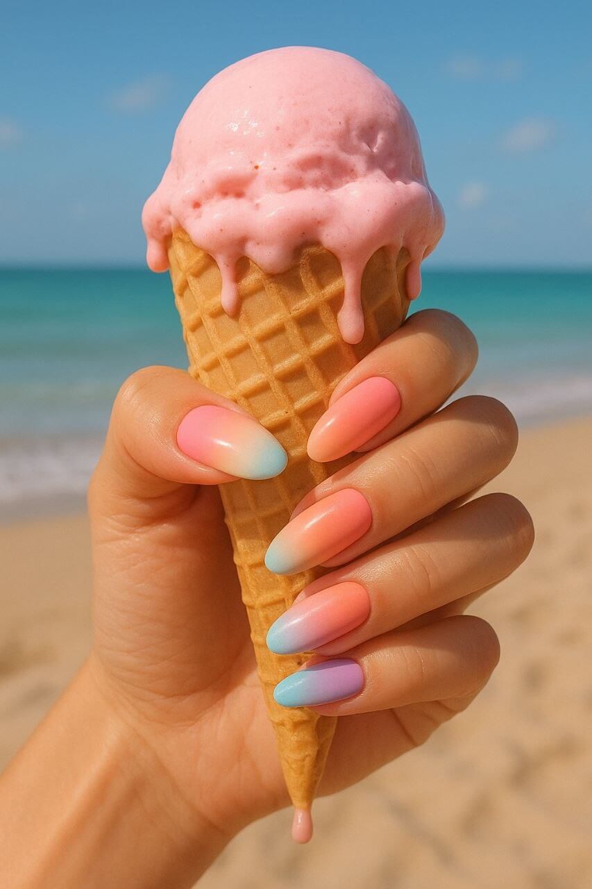 Summer pastel ombre nails with ice cream."