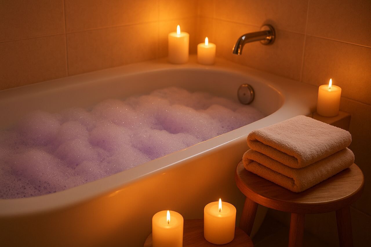 Cozy candlelit bath for Sunday night relaxation."