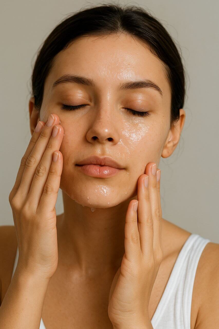 Applying hydrating toner for dewy skin."
