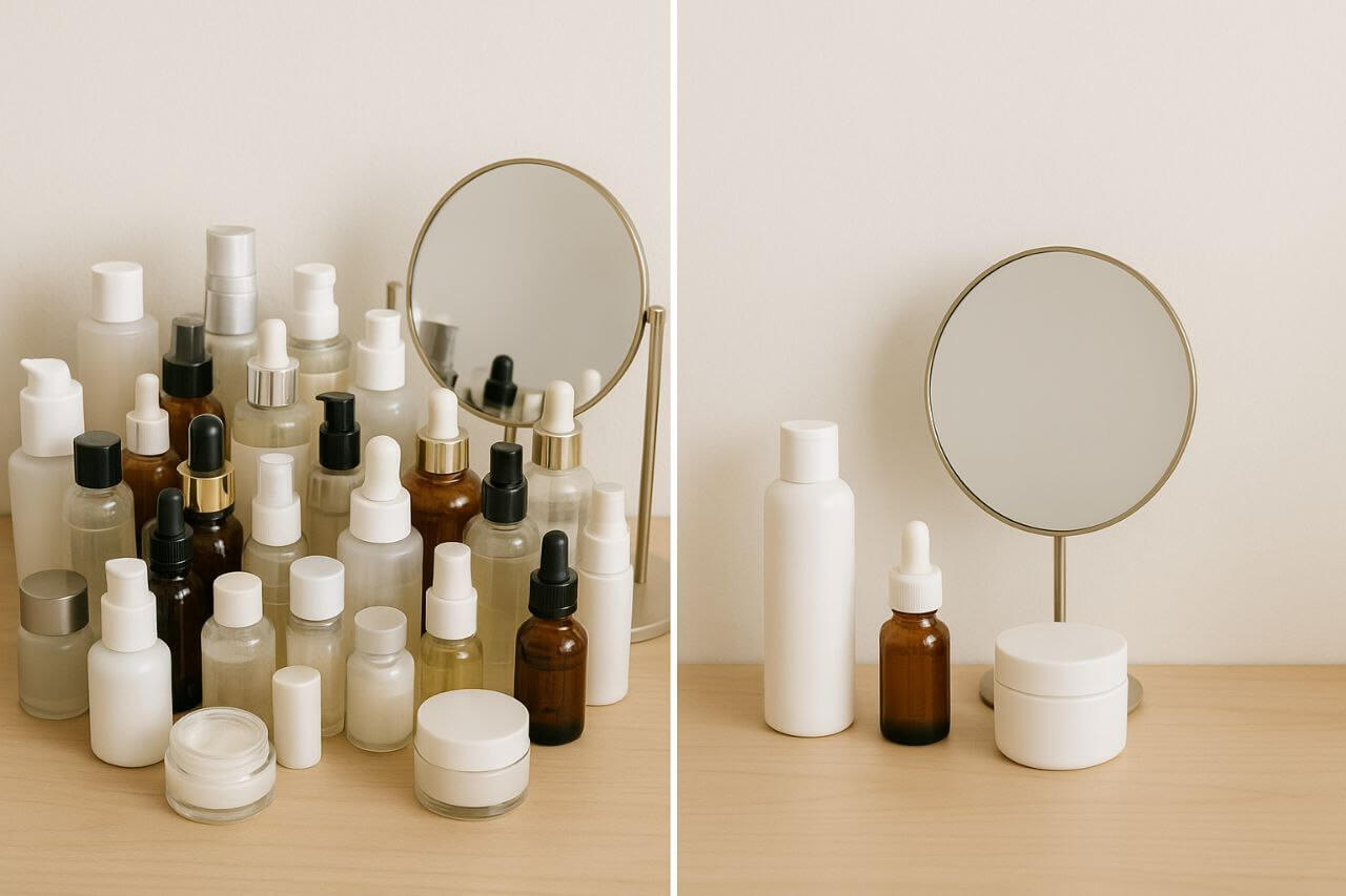 Overcrowded skincare vanity compared to a minimal skincare routine.