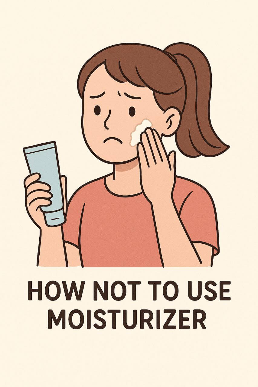 Cartoon of a woman applying too much moisturizer with greasy skin.