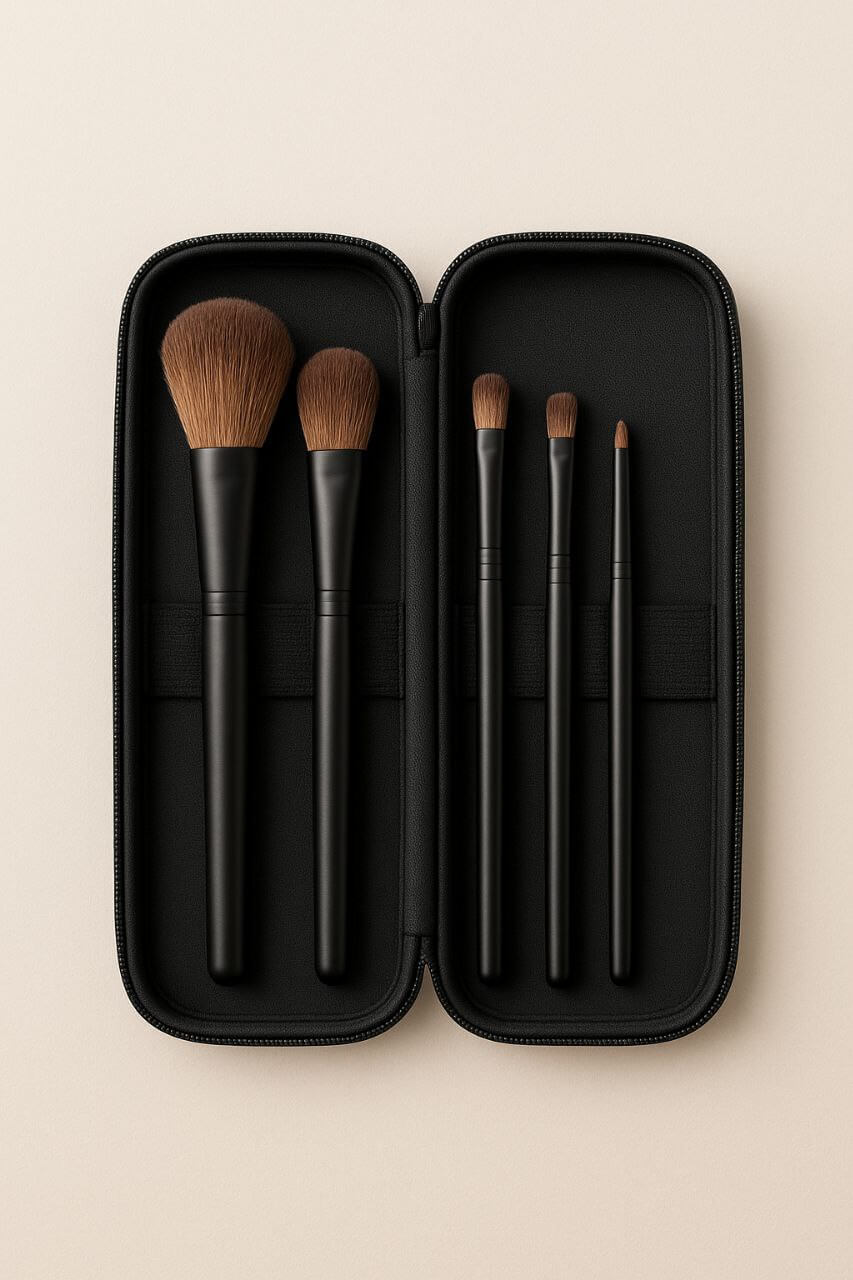 Travel makeup brush set in portable case"