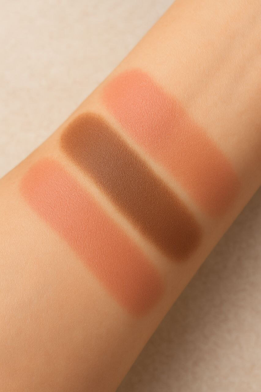 "Coordinated warm-toned makeup swatches for travel."