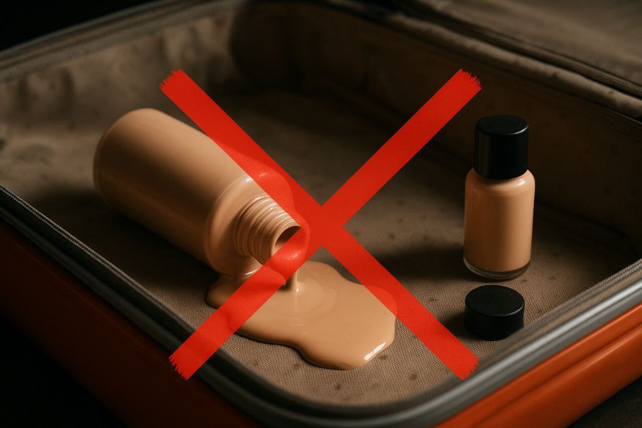 "Avoid full-size makeup leaks—opt for travel-sized products."