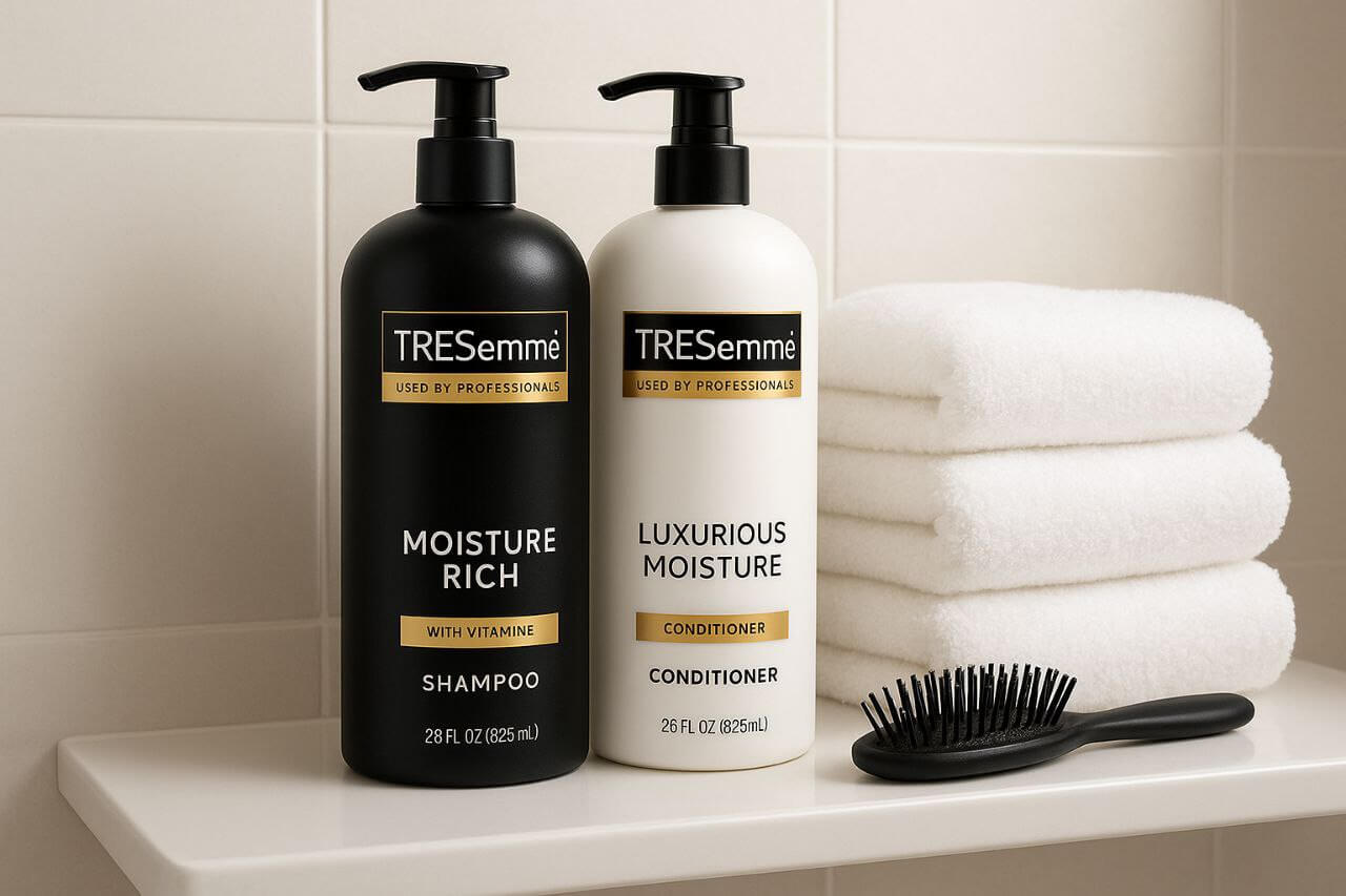 Tresemmé shampoo and conditioner bottles on bathroom shelf with towels and hairbrush