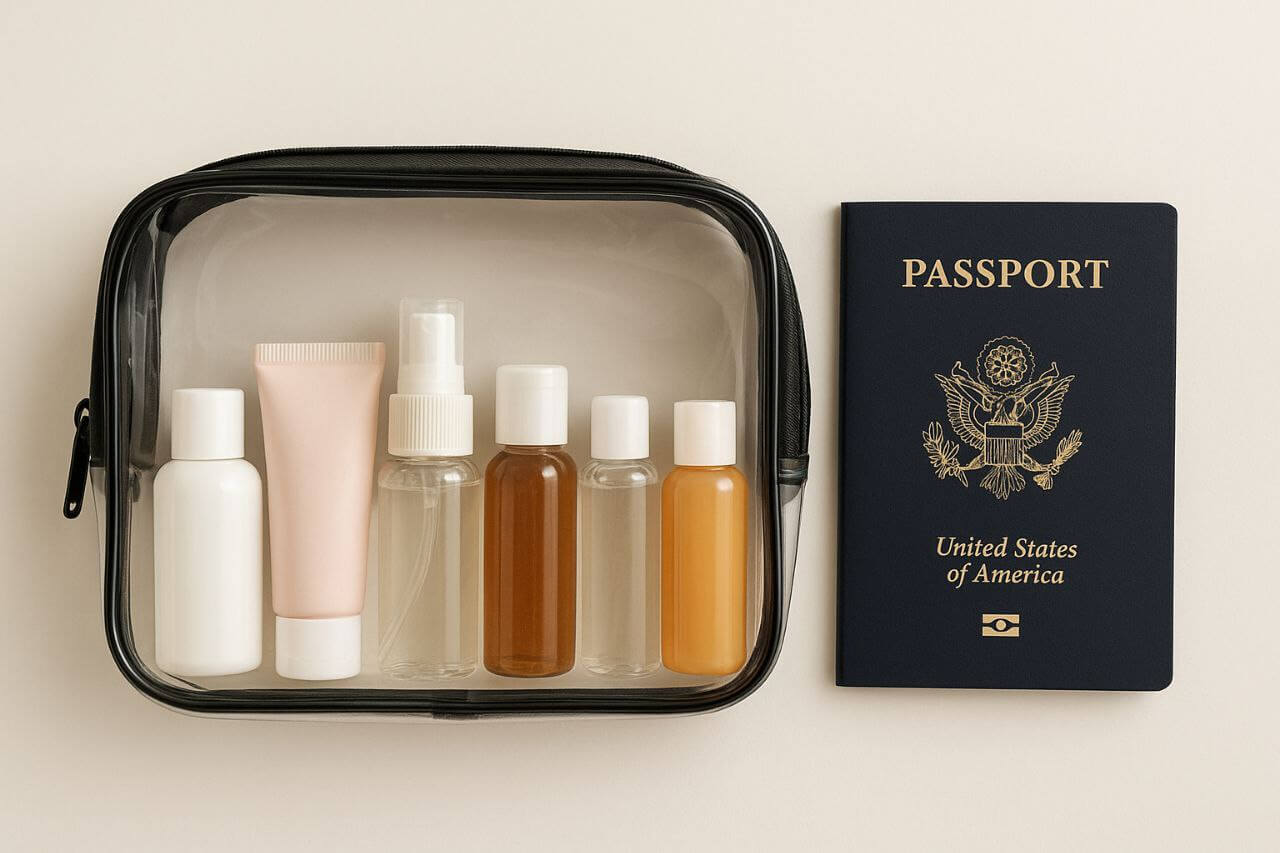 TSA-friendly liquid makeup bag for carry-on travel."
