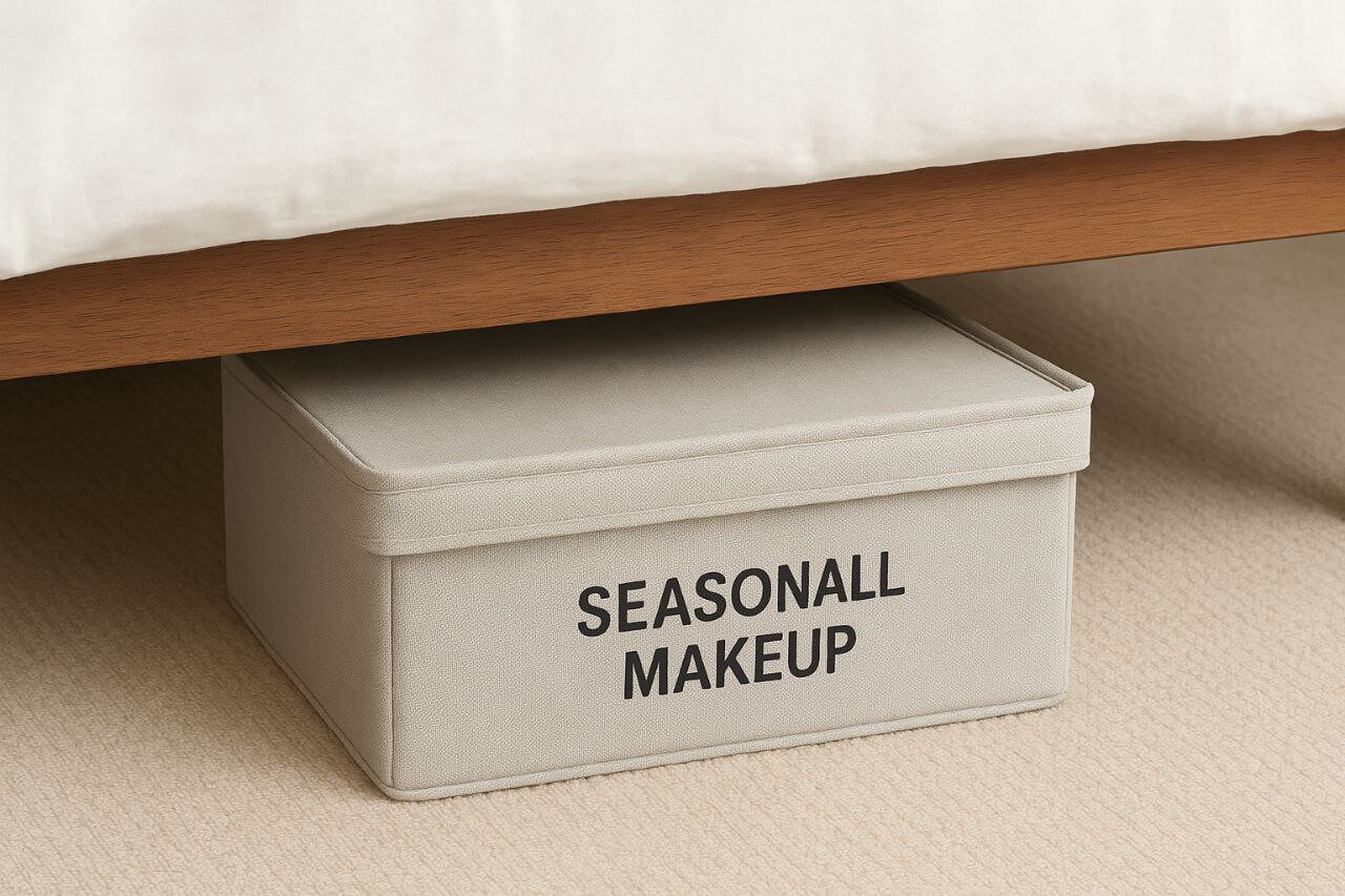 "Under-bed storage for extra makeup in small spaces."