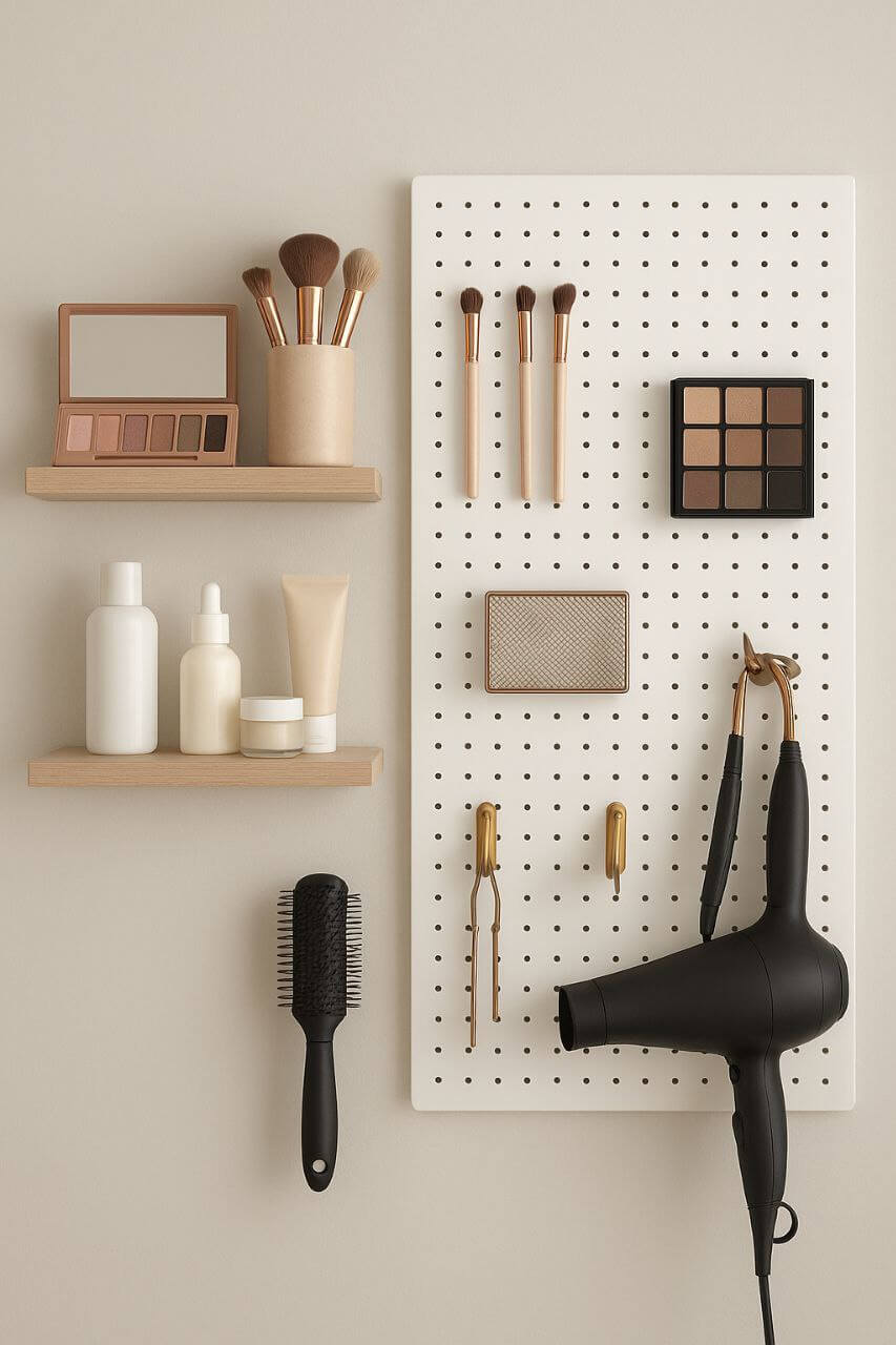 "Vertical wall storage for makeup in small bathrooms."