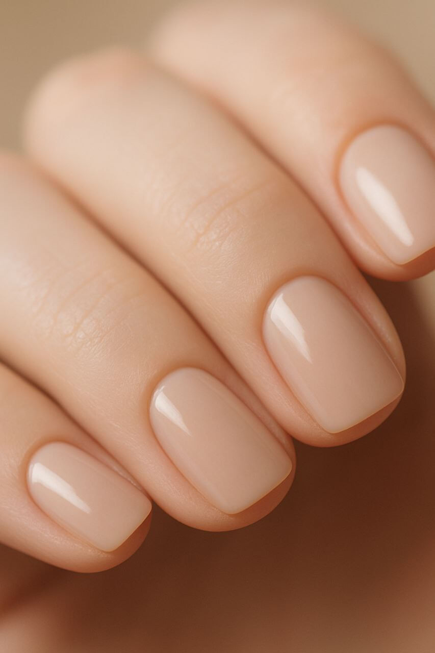 Nude nail polish blending into fair skin