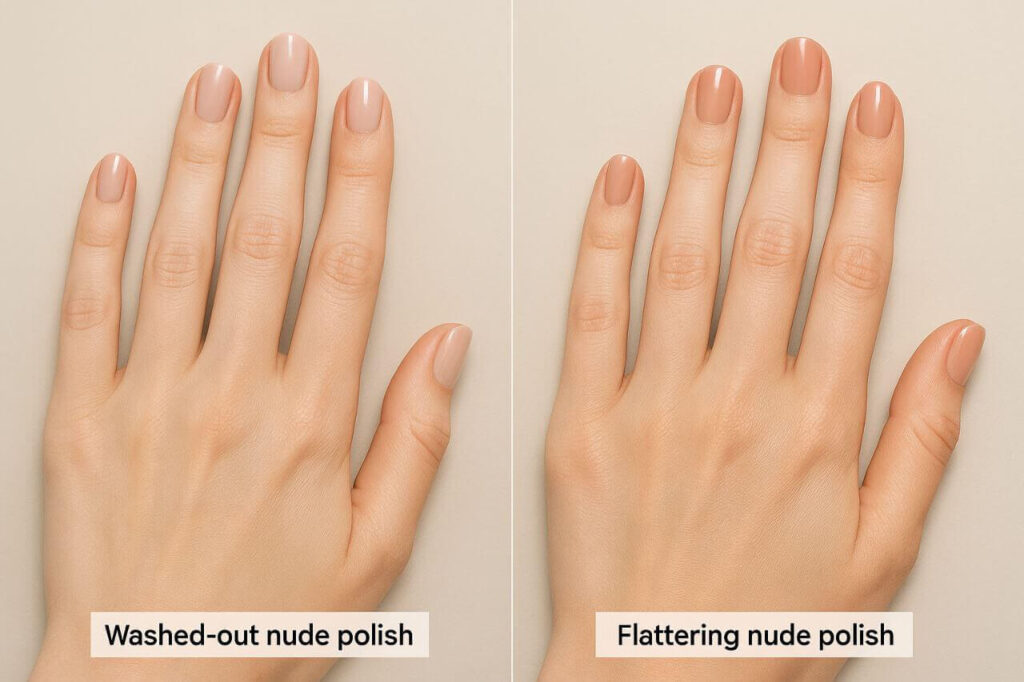 Comparison of washed-out and flattering nude nail polish on fair skin