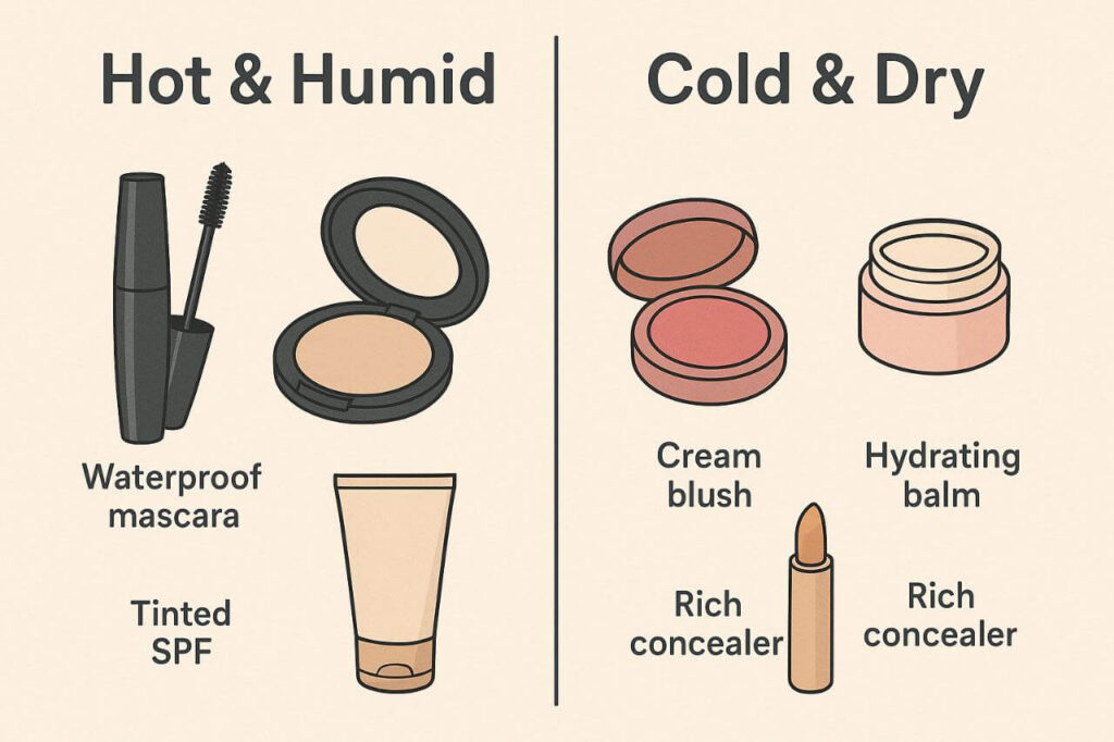 "Travel makeup essentials for hot vs. cold weather."