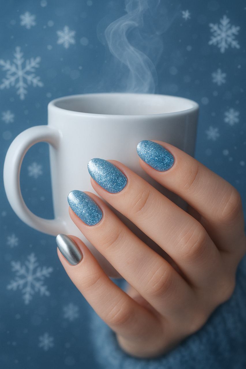Silver chrome and icy blue glitter nails with winter snowflake background"