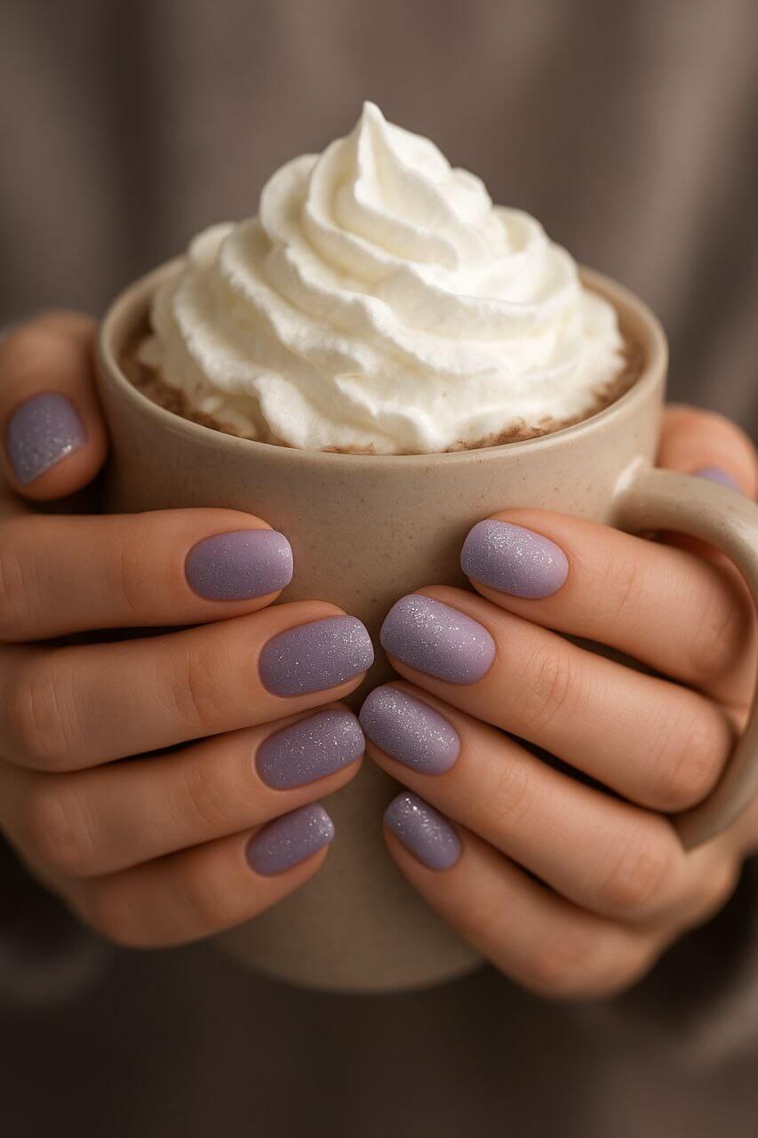 Winter frosted lilac nails with hot cocoa."