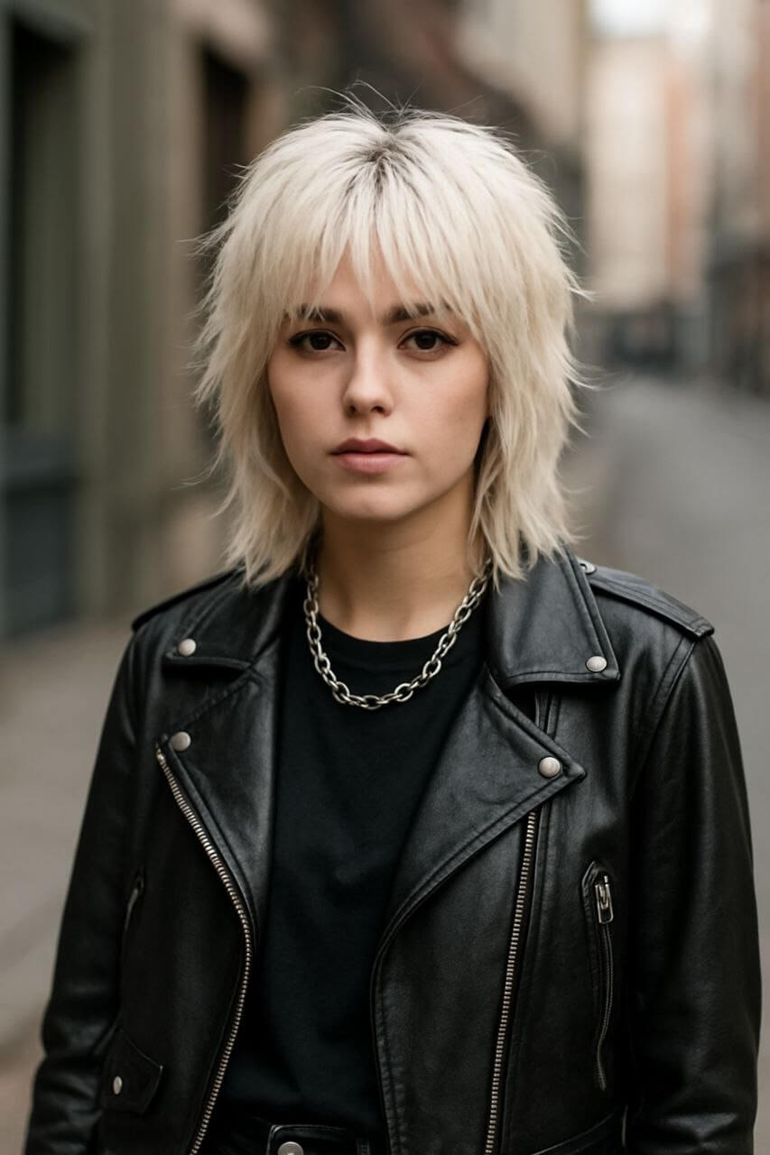Edgy wolf cut hairstyle with choppy layers and curtain bangs”