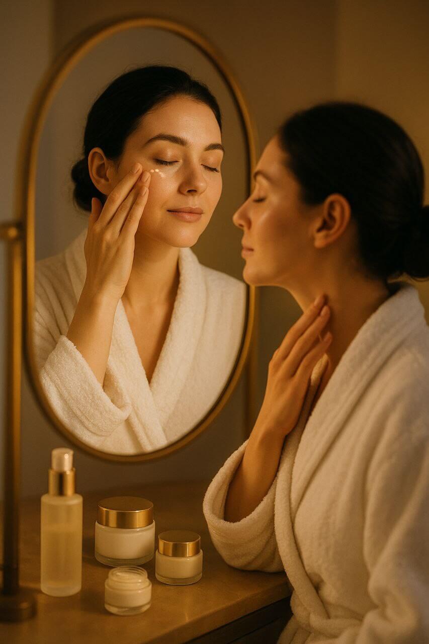 Woman applying eye cream and neck cream at vanity in soft lighting.