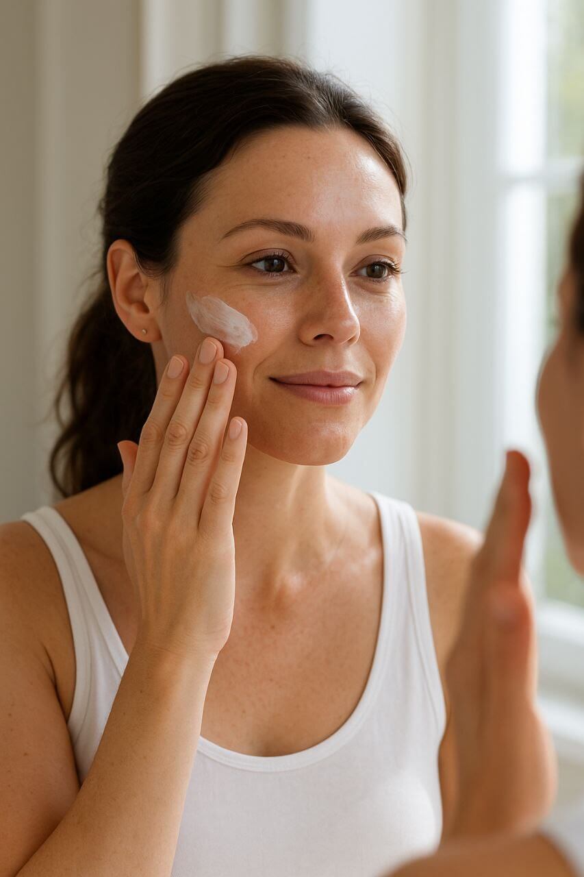 skincare mistakes in your 30s
Woman in her 30s applying sunscreen in front of a mirror with natural light.