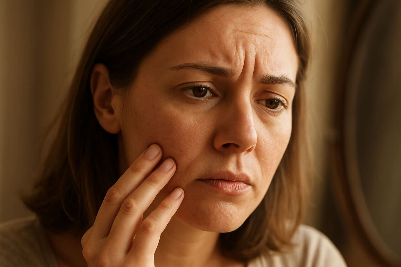 Woman checking skin texture in mirror, touching cheek gently.