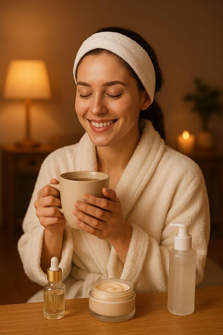 Woman in bathrobe holding tea, smiling with skincare products nearby"