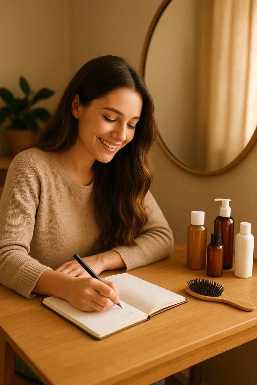 Smiling woman writing notes about hair products at a vanity table in warm natural light
