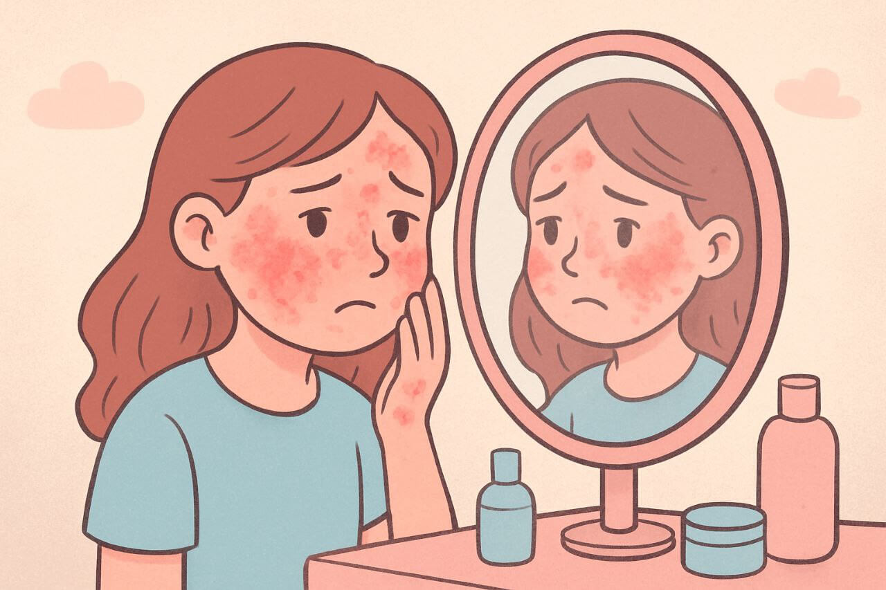 Illustration of a woman with irritated red skin after using the wrong moisturizer.