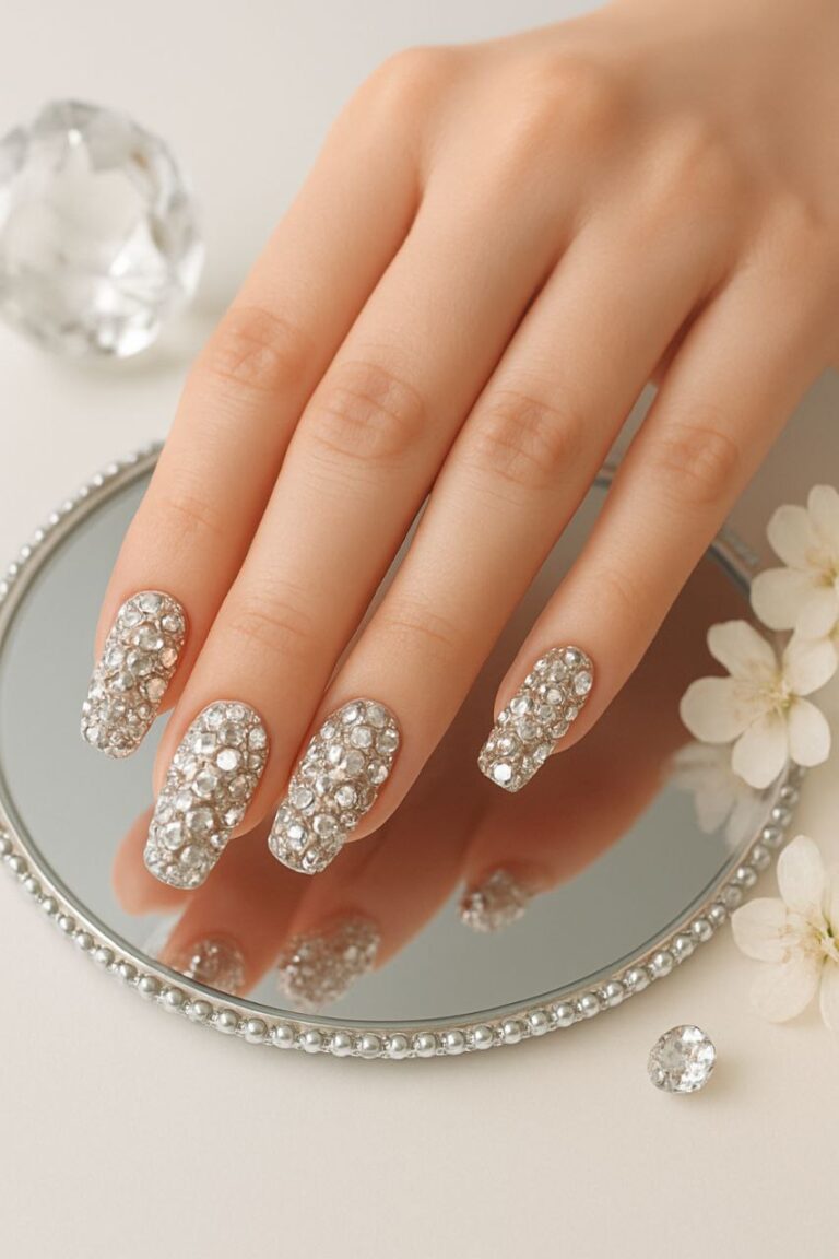 “High-quality studio photo of nails decorated with 3D rhinestones and embellishments”