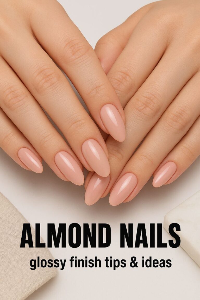 Hands with almond-shaped nails featuring a glossy finish in nude or pastel shades, styled in a clean and elegant studio setting with soft lighting.