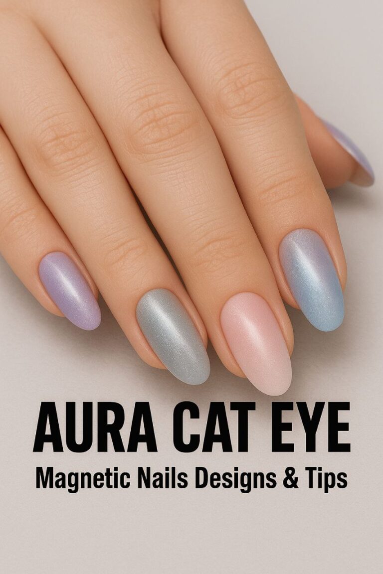 Hands with medium-length aura cat eye magnetic nails in pastel shades like lavender, silver, or pink, featuring glowing shimmer and cat-eye stripe effect, styled in a clean studio setting with soft lighting.”