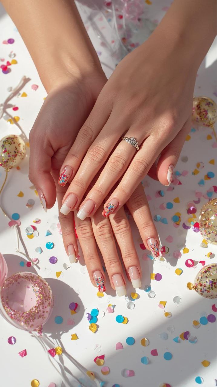 "Female hands with short square nails decorated in colorful birthday confetti nail art, party-themed, vibrant and festive design."