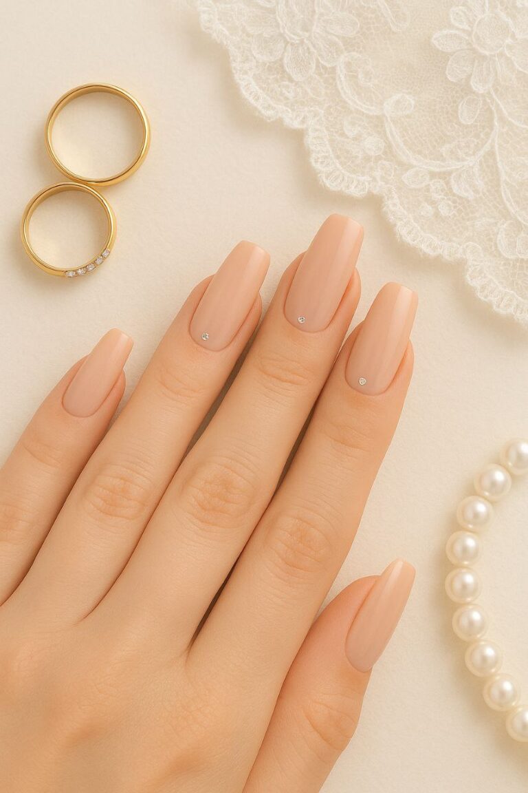 “Elegant bridal nude nails with minimal design and delicate gem accents”