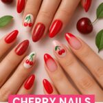 Cherry-themed nail designs on manicured hands with glossy red polish, glitter, ombre, and French tips, styled with fresh cherries and green leaves on bright studio background.”