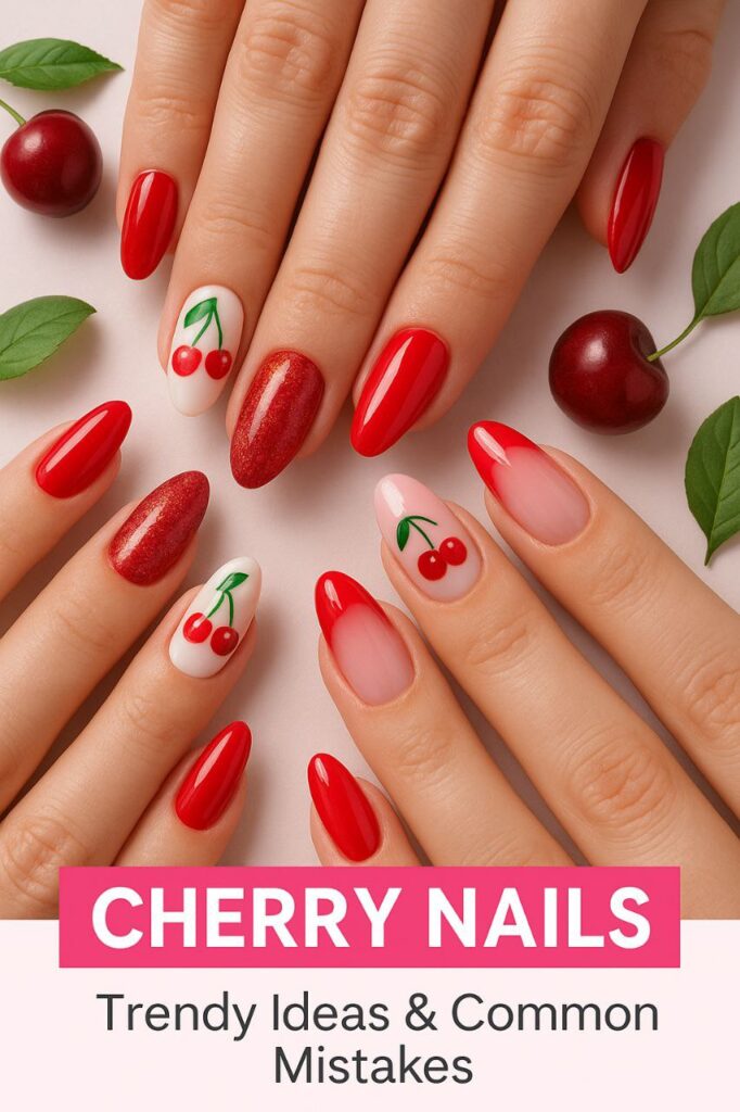 Cherry-themed nail designs on manicured hands with glossy red polish, glitter, ombre, and French tips, styled with fresh cherries and green leaves on bright studio background.”