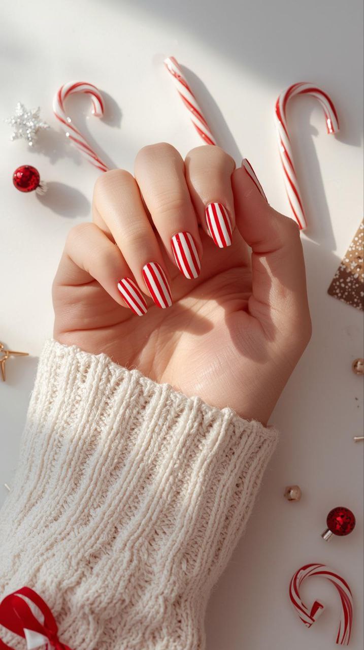 "Short round nails with red and white candy cane stripes on female hands, festive Christmas nail design with holiday props."