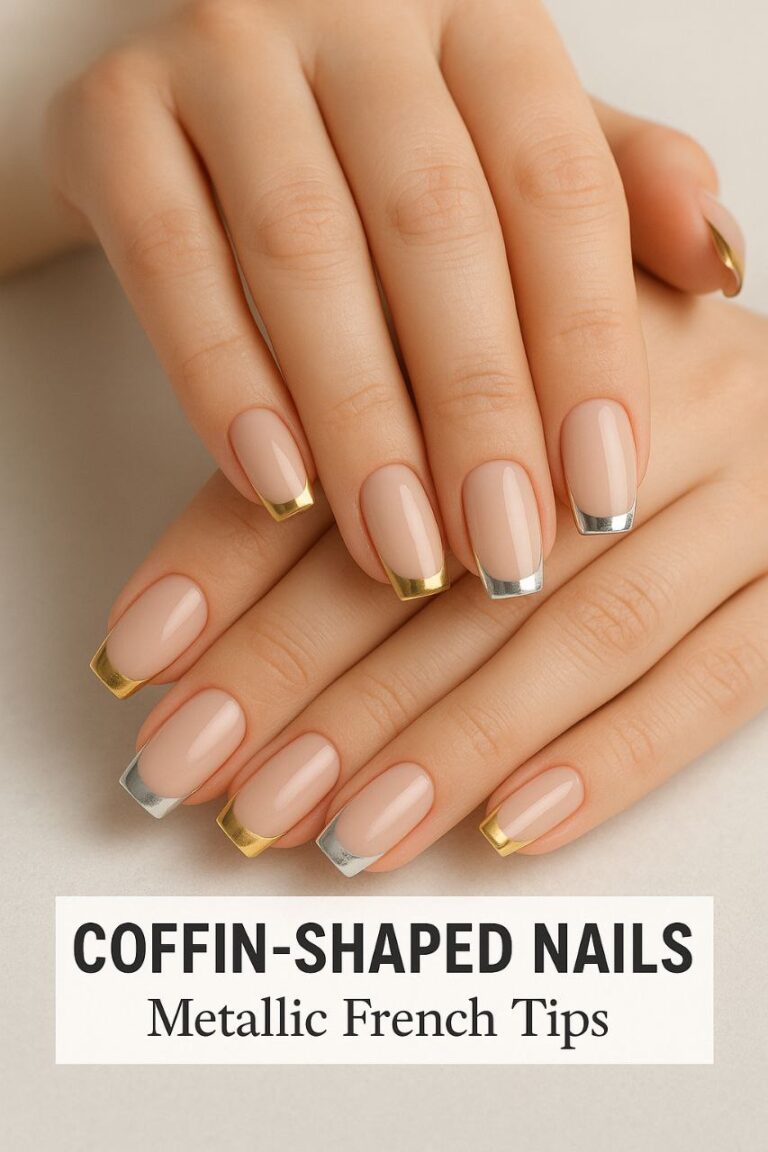 Hands with short to medium coffin-shaped nails showcasing metallic French tips in gold, silver, or chrome, on a nude or beige base, in a clean and elegant studio setting.”
