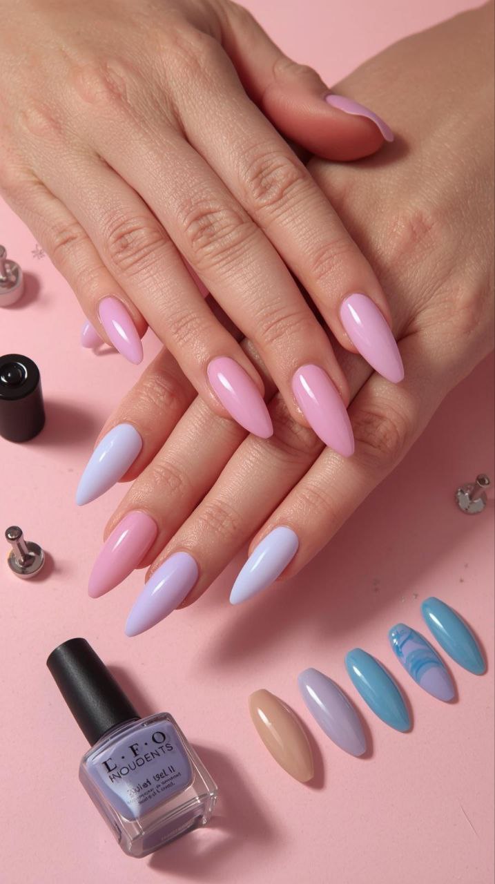 "Long almond-shaped color-changing thermal gel nails on female hands, gradient nail design shifting from pink to blue."