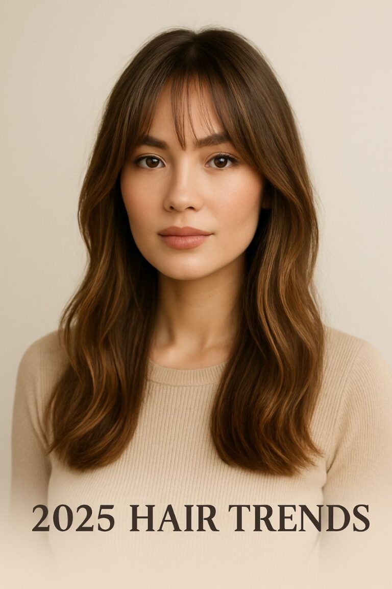 “Woman with medium to long hair featuring curtain bangs, styled in soft waves or straight, with face-framing layers and subtle highlights, in a clean and elegant studio setting.”