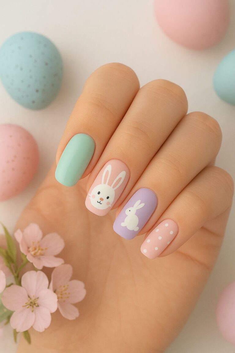 “Cute pastel Easter bunny nail art with soft colors and festive designs”
