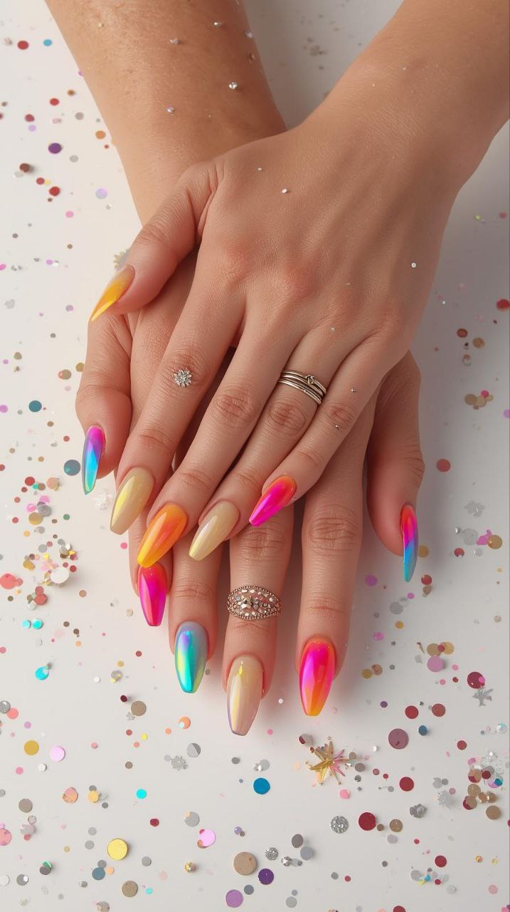 "Medium-length almond nails in rainbow chrome colors on female hands, bright and festive nail art for celebrations."