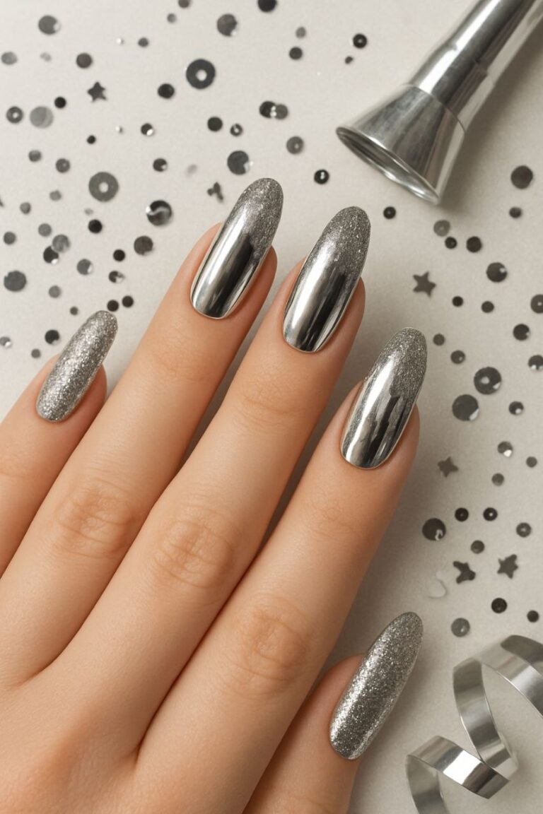 “Bold glitter chrome nails with metallic shine, New Year’s Eve party theme”