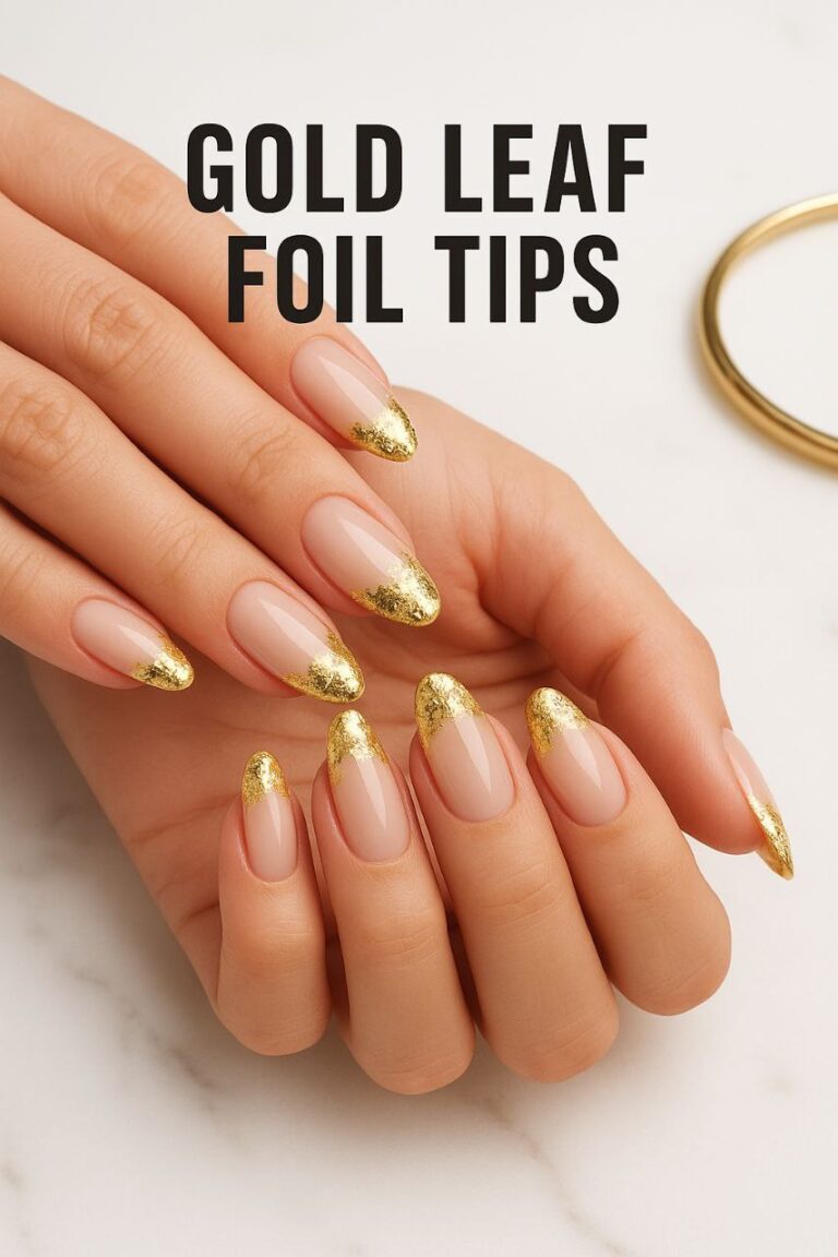 Elegant nails with gold leaf foil tips, glossy finish, studio photography, beauty blog featured image.”